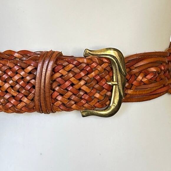 VTG 80s/90s Italian Leather Braided Belt Gold Tone Buckle S main image 6